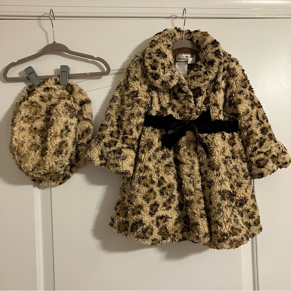 American Widgeon Girls Leopard Faux Fur Coat and Beret Set Brown Tan Small